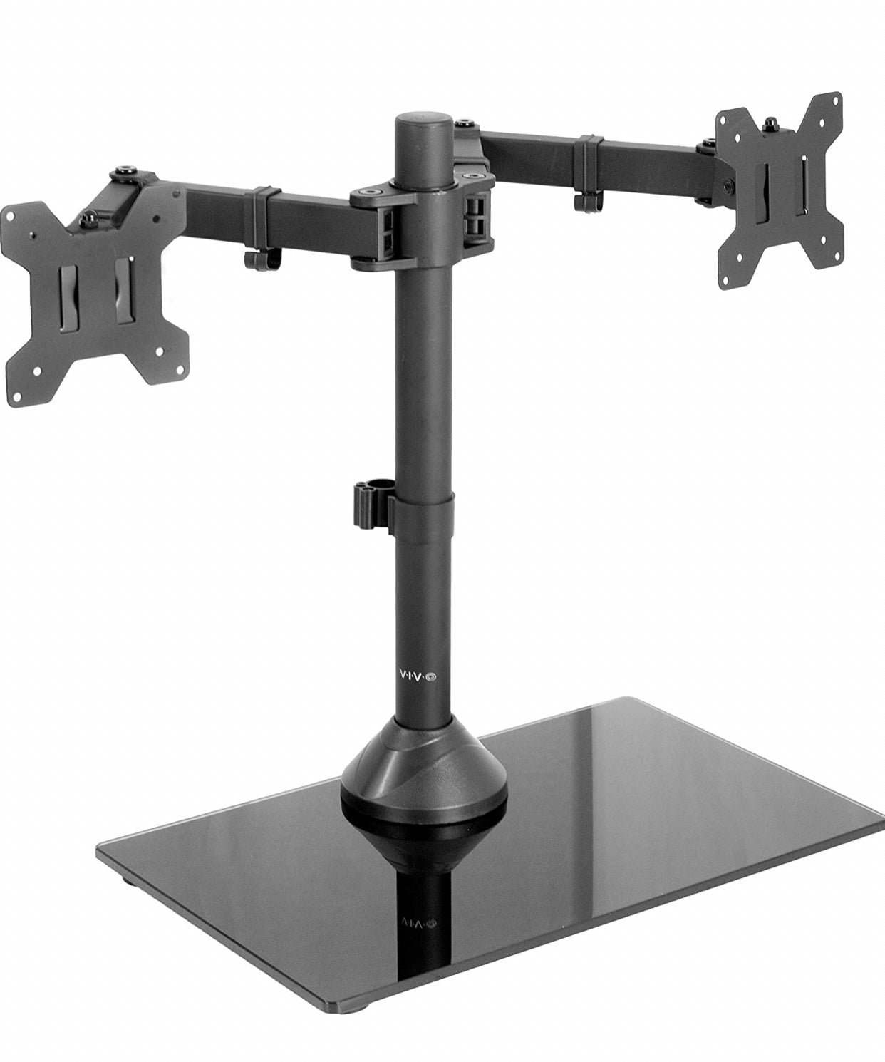 Freestanding Dual Monitor Stand with Sleek Glass Base and Adjustable ArmsHeave Duty , Mounts 2 Screens