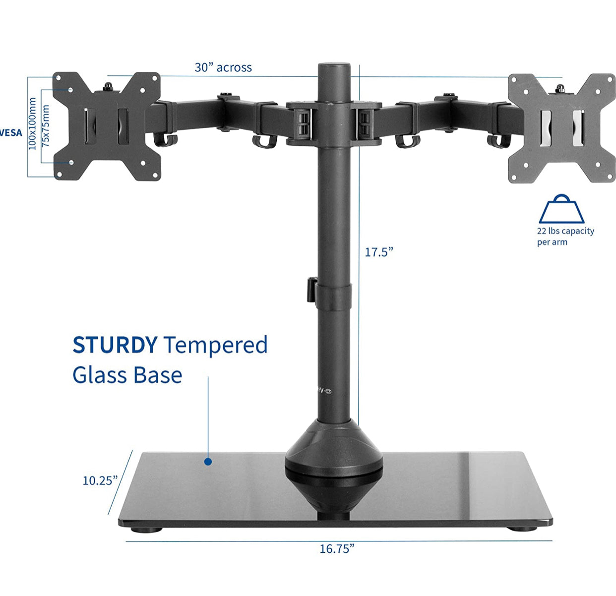 Freestanding Dual Monitor Stand with Sleek Glass Base and Adjustable ArmsHeave Duty , Mounts 2 Screens