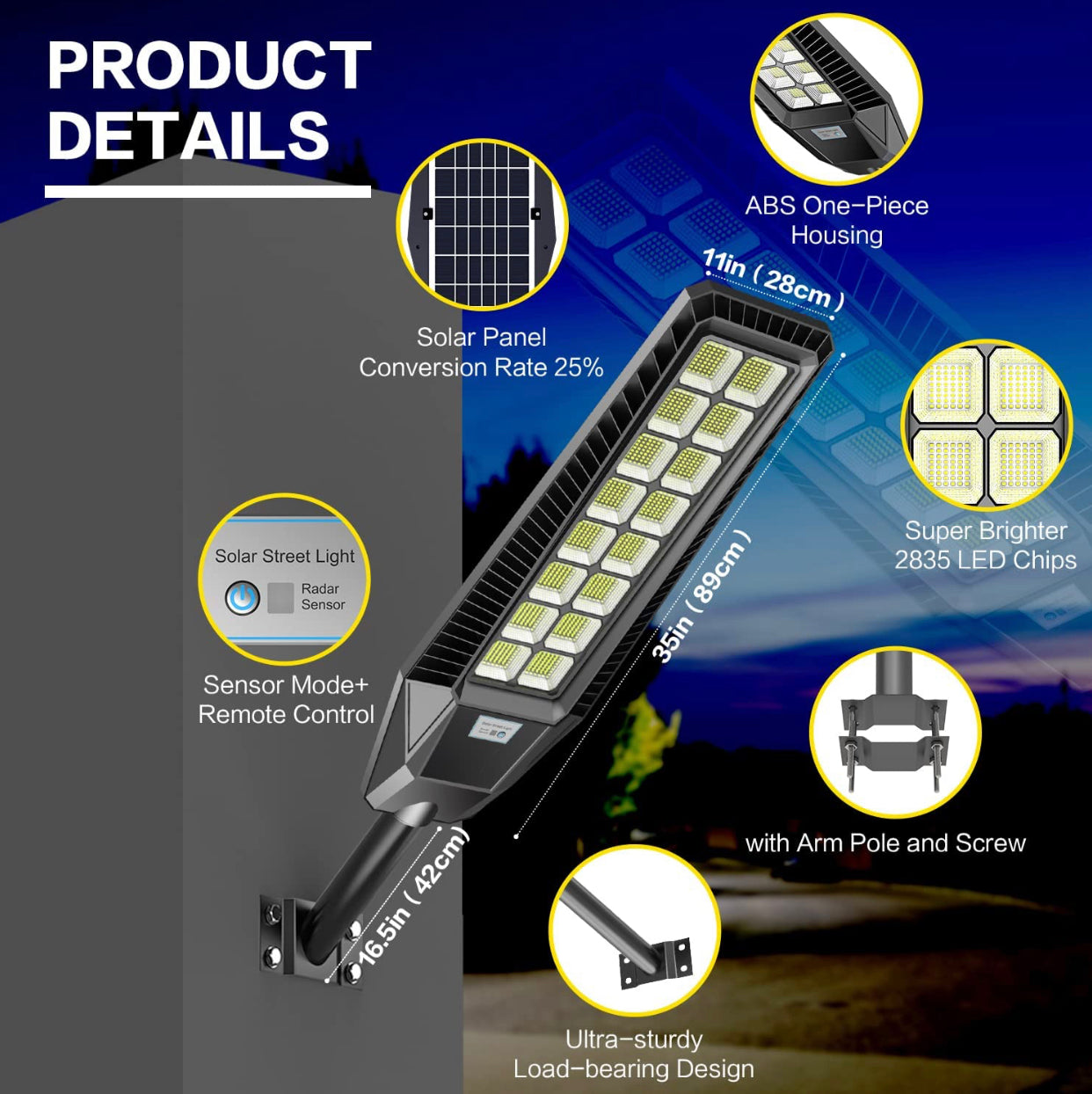 2 Pack 1600W Solar Street Lights Outdoor 90000 Lumens Dusk to Dawn With Remote and Motion Sensor