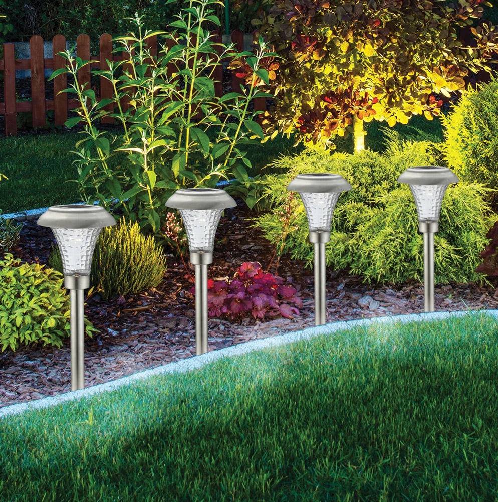 SmartYard 8 Pack Solar Pathway Lights Glass Stainless Steel Warm White, Auto On/off 15 Lumen