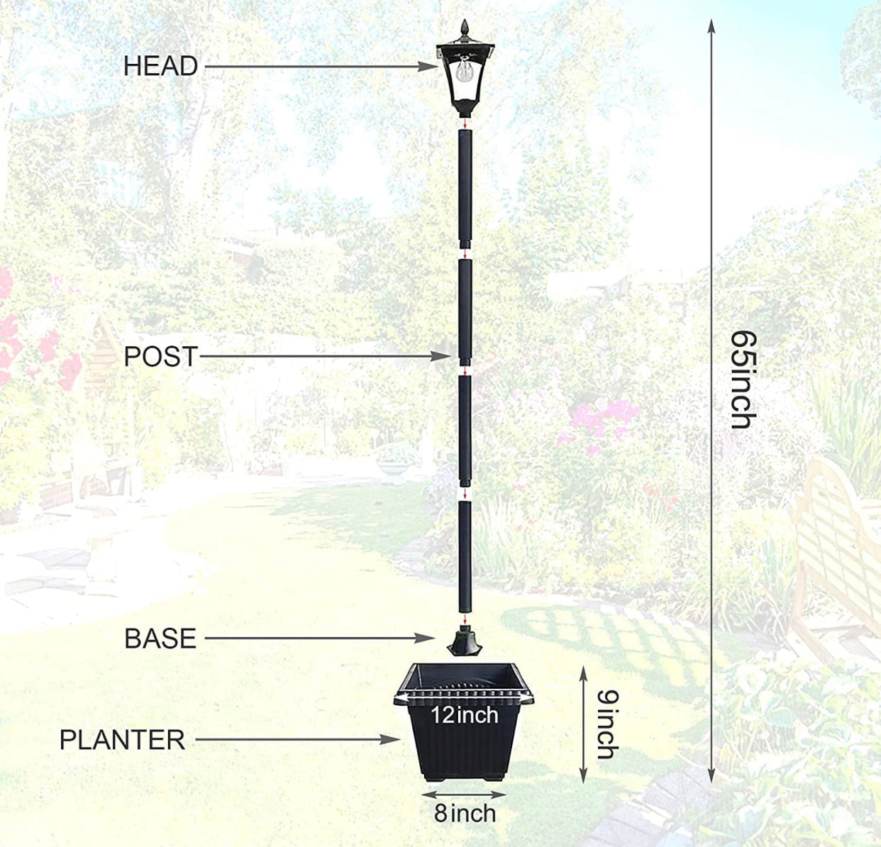 64 Inch Solar Lamp Post Lights Outdoor with Planter, 70 Lumen Solar Powered  with 4 Adjustable Height- Black