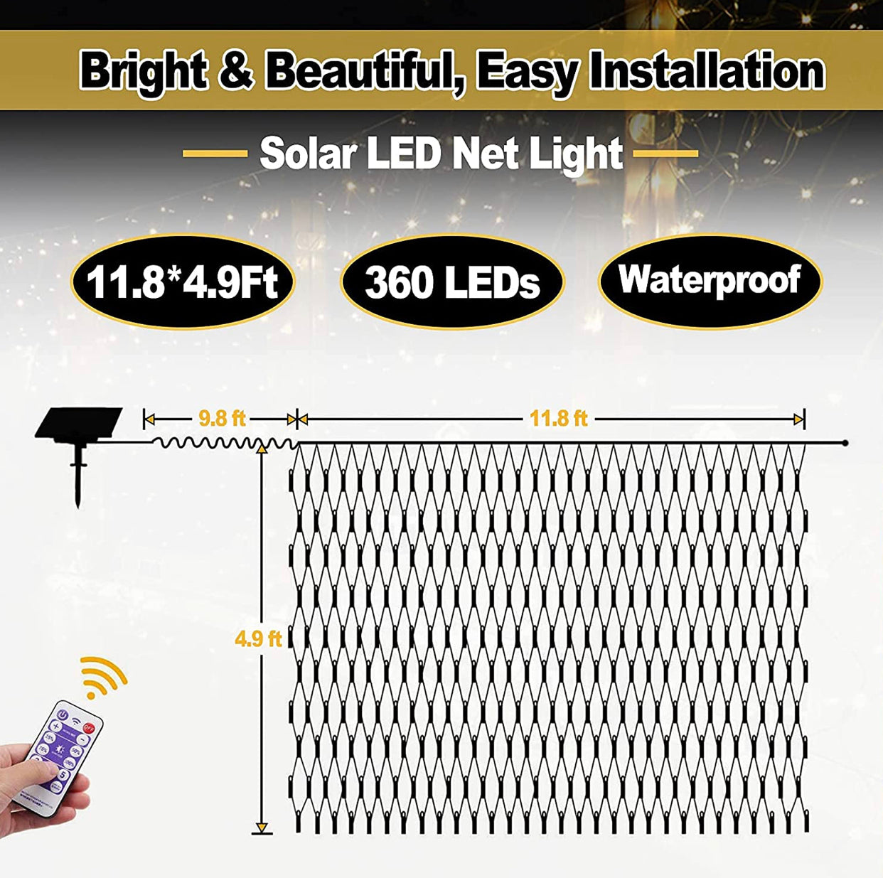 Solar Net Mesh Lights 360 LED  with Remote, 11.8Ft x 4.9Ft Fence String Light