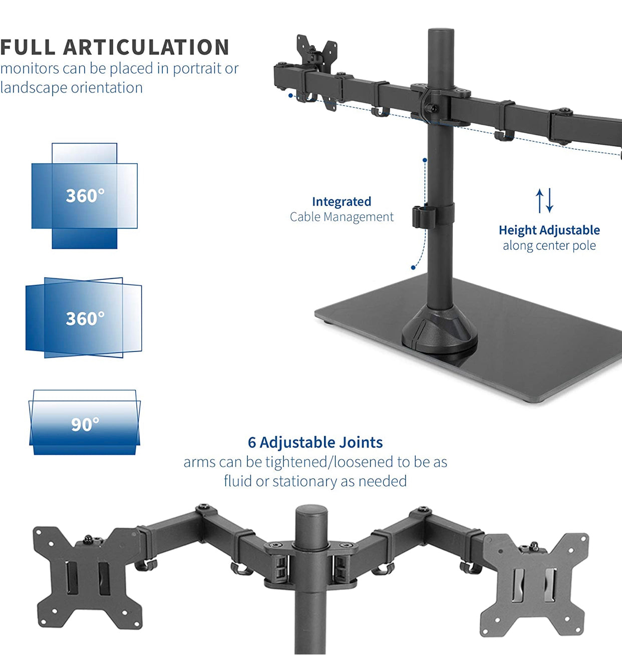 Freestanding Dual Monitor Stand with Sleek Glass Base and Adjustable ArmsHeave Duty , Mounts 2 Screens