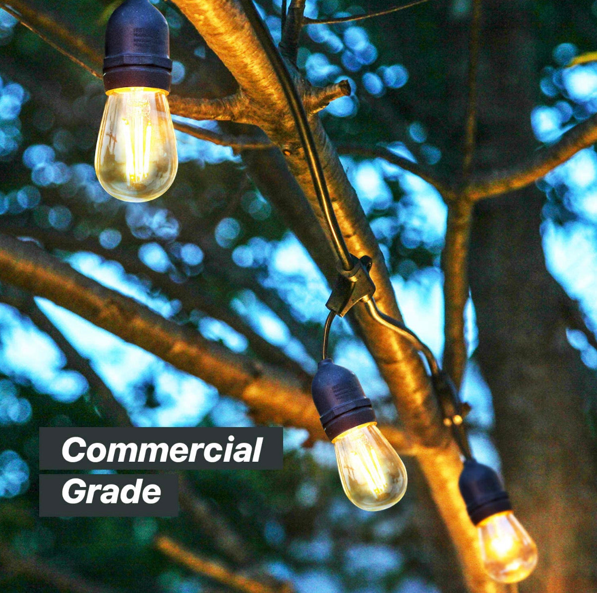 24Ft Plug-In LED Outdoor String Lights Waterproof- Hanging, Dimmable 2W Vintage Edison Bulbs