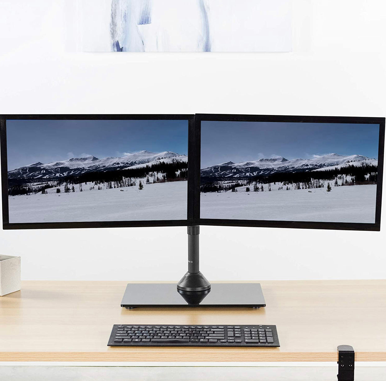 Freestanding Dual Monitor Stand with Sleek Glass Base and Adjustable ArmsHeave Duty , Mounts 2 Screens