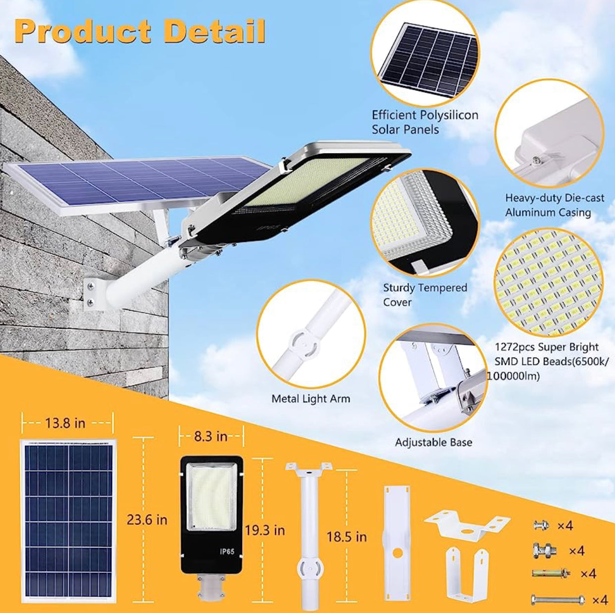 1000W Commercial Solar Street Light Outdoor 100000 Lumens Dusk to Dawn Solar with Remote Control