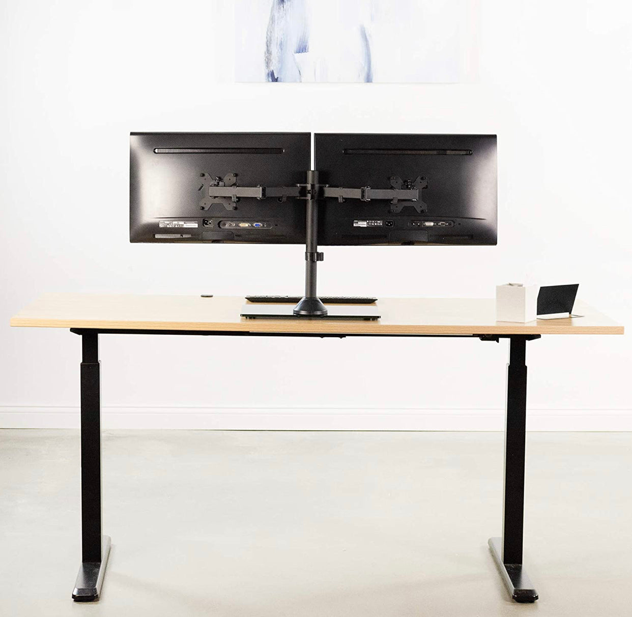 Freestanding Dual Monitor Stand with Sleek Glass Base and Adjustable ArmsHeave Duty , Mounts 2 Screens