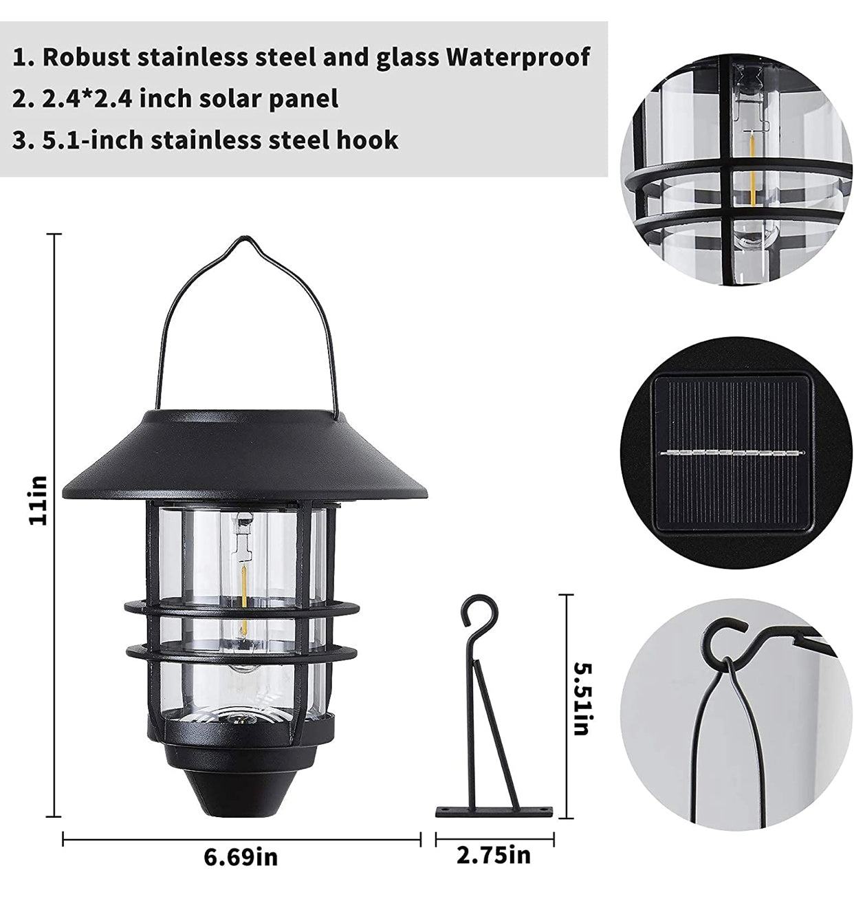 2 Pack Security Solar Hanging Lanterns , Wall/Porch Lights 15 Lumen Heavy Glass & Stainless