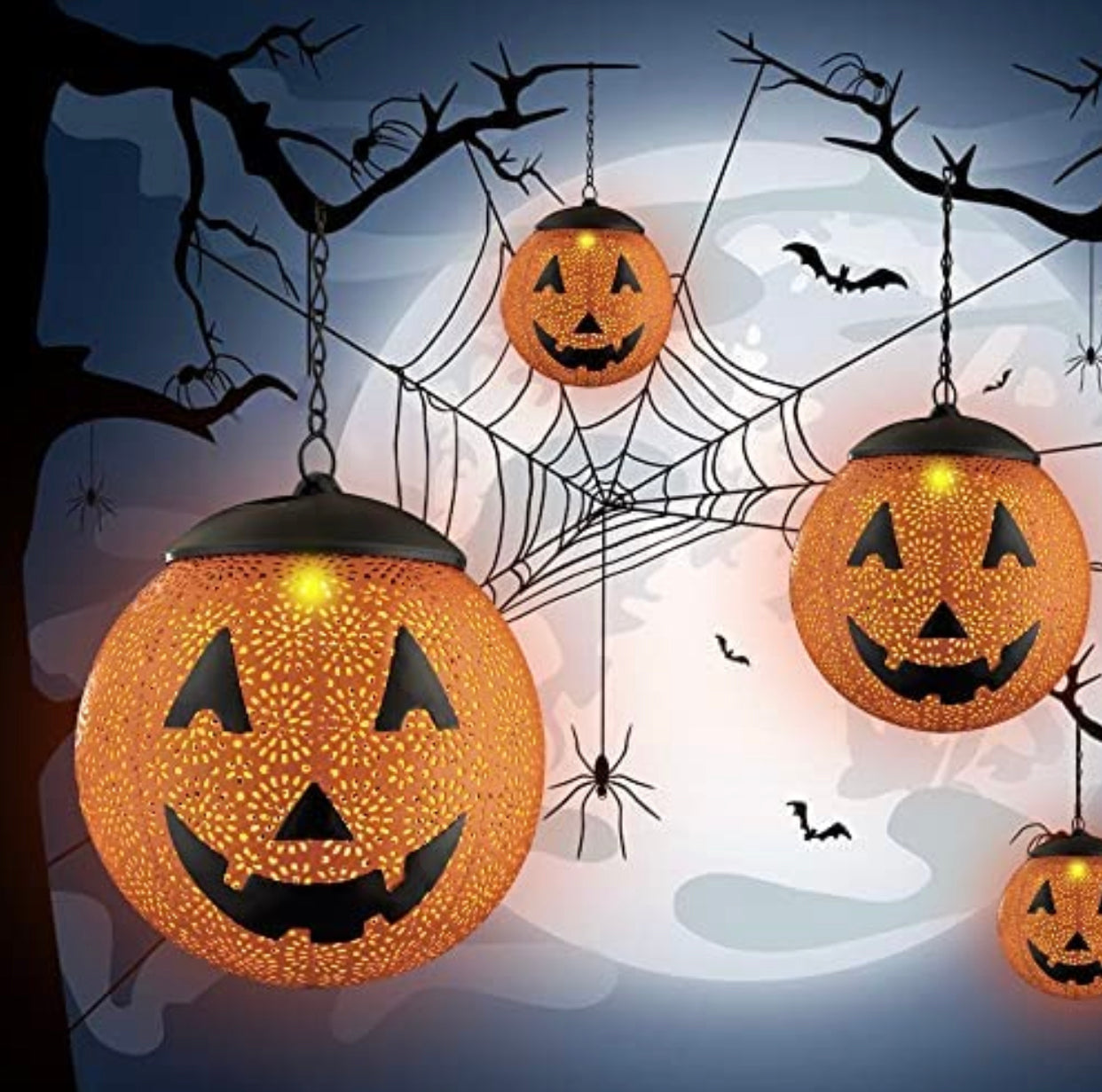 Halloween Solar Hanging Lights Outdoor - Garden Solar Metal Lantern Decor, Solar Powered Led Waterproof Decorative Round