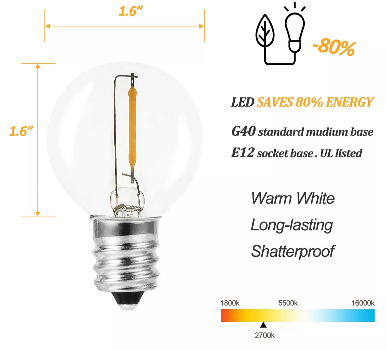 27 Ft Pro - Globe Solar LED Outdoor String Lights – Waterproof, G40 Retro Edison Filament Bulbs -Warm White