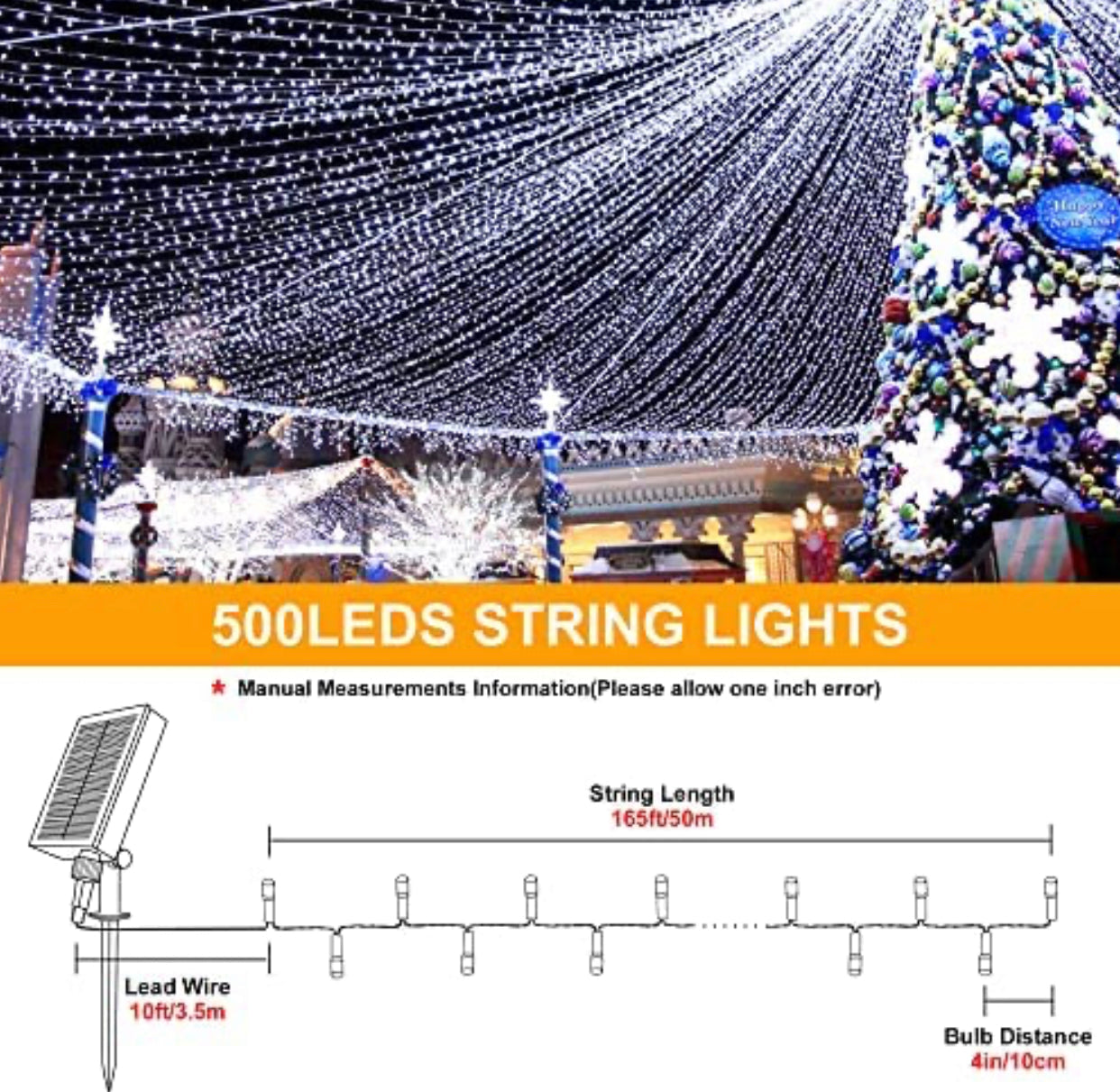 165Ft Solar String Lights White Wire Outdoor,500 LED Christmas Lights with 8 Modes and Timer, Remote Control