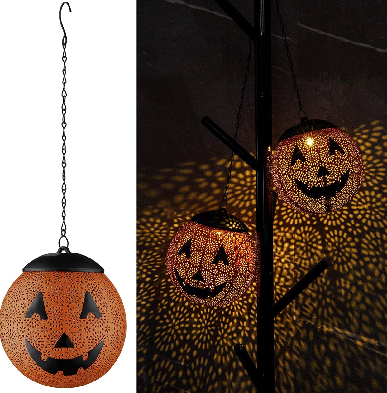 Halloween Solar Hanging Lights Outdoor - Garden Solar Metal Lantern Decor, Solar Powered Led Waterproof Decorative Round