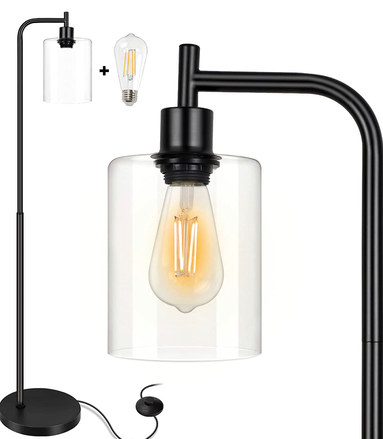 Industrial Floor Lamp, Modern Standing Lamps with Hanging Clear Glass Shade