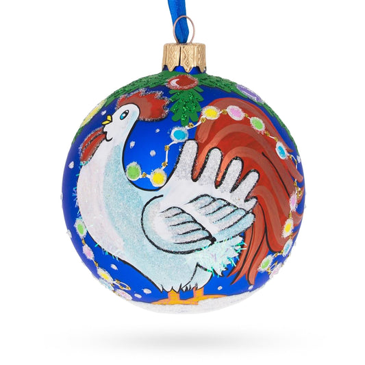 White Rooster Adorned with Holiday Lights Blown Glass Ball Christmas Ornament 3.25 Inches