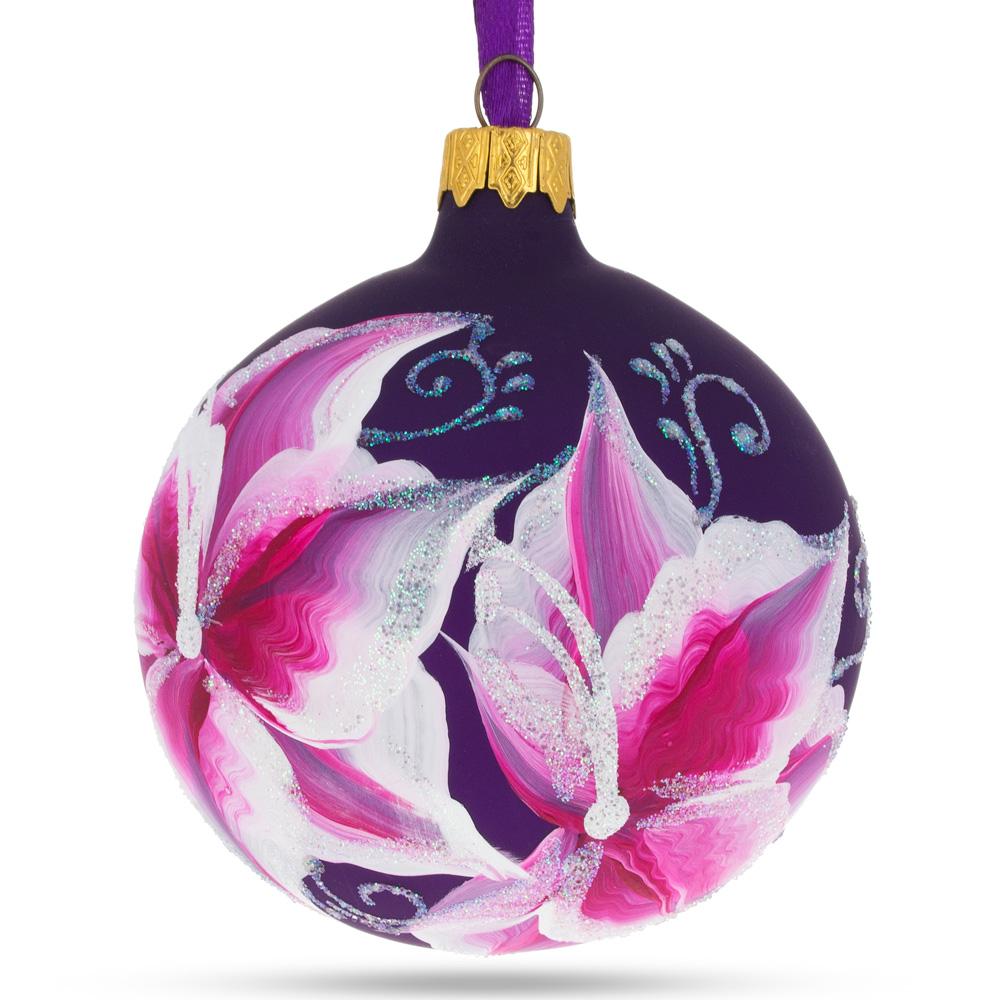 Purple Lily Blossoms Blown Glass Ball Christmas Ornament 3.25 Inches