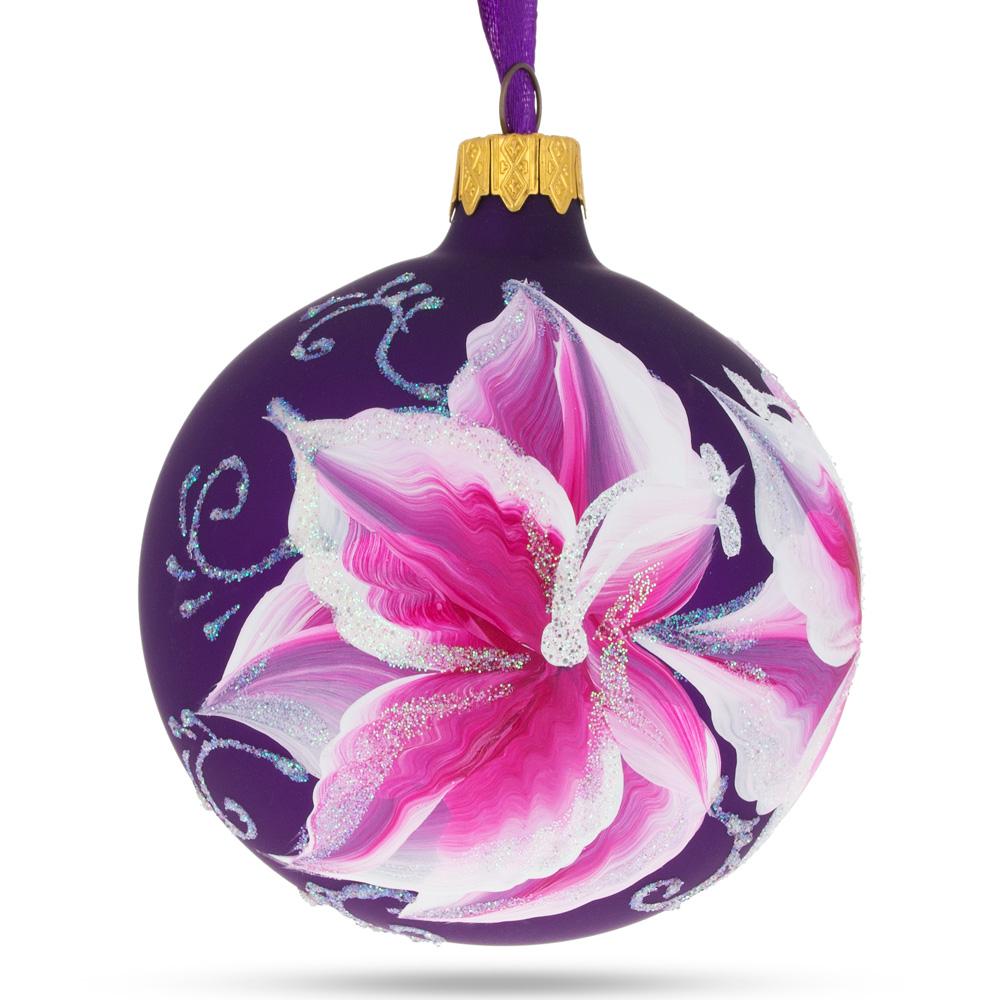 Purple Lily Blossoms Blown Glass Ball Christmas Ornament 3.25 Inches