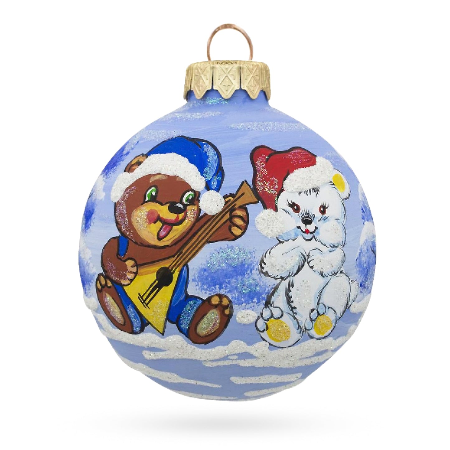 Bear with Balalaika and Santa Hat Blown Glass Ball Christmas Ornament 3.25 Inches