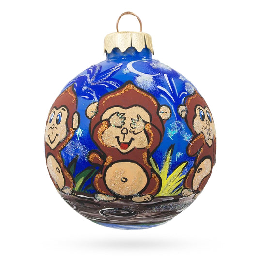 3 Wise Monkeys No See, No Hear, No Speak Blown Glass Ball Christmas Ornament 3.25 Inches