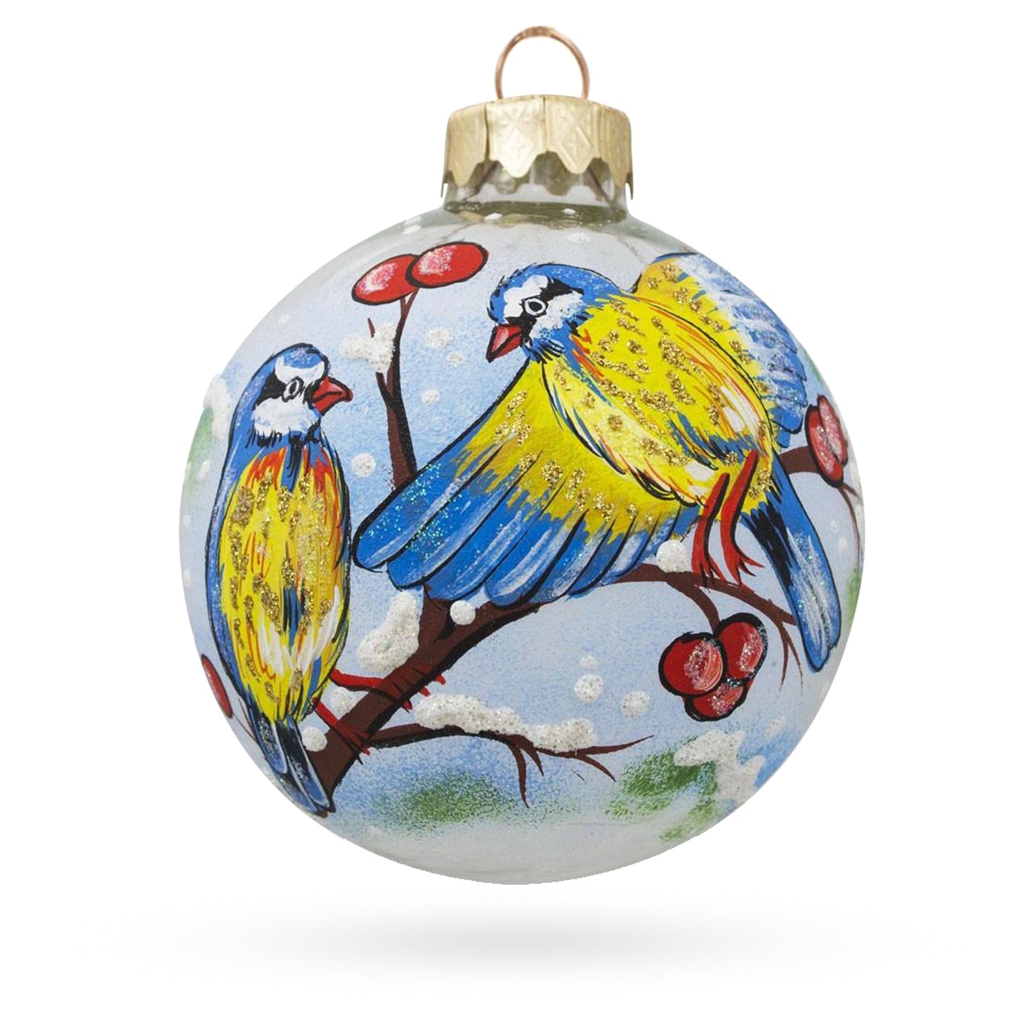 Blue and Yellow Birds on Branch Blown Glass Ball Christmas Ornament 3.25 Inches