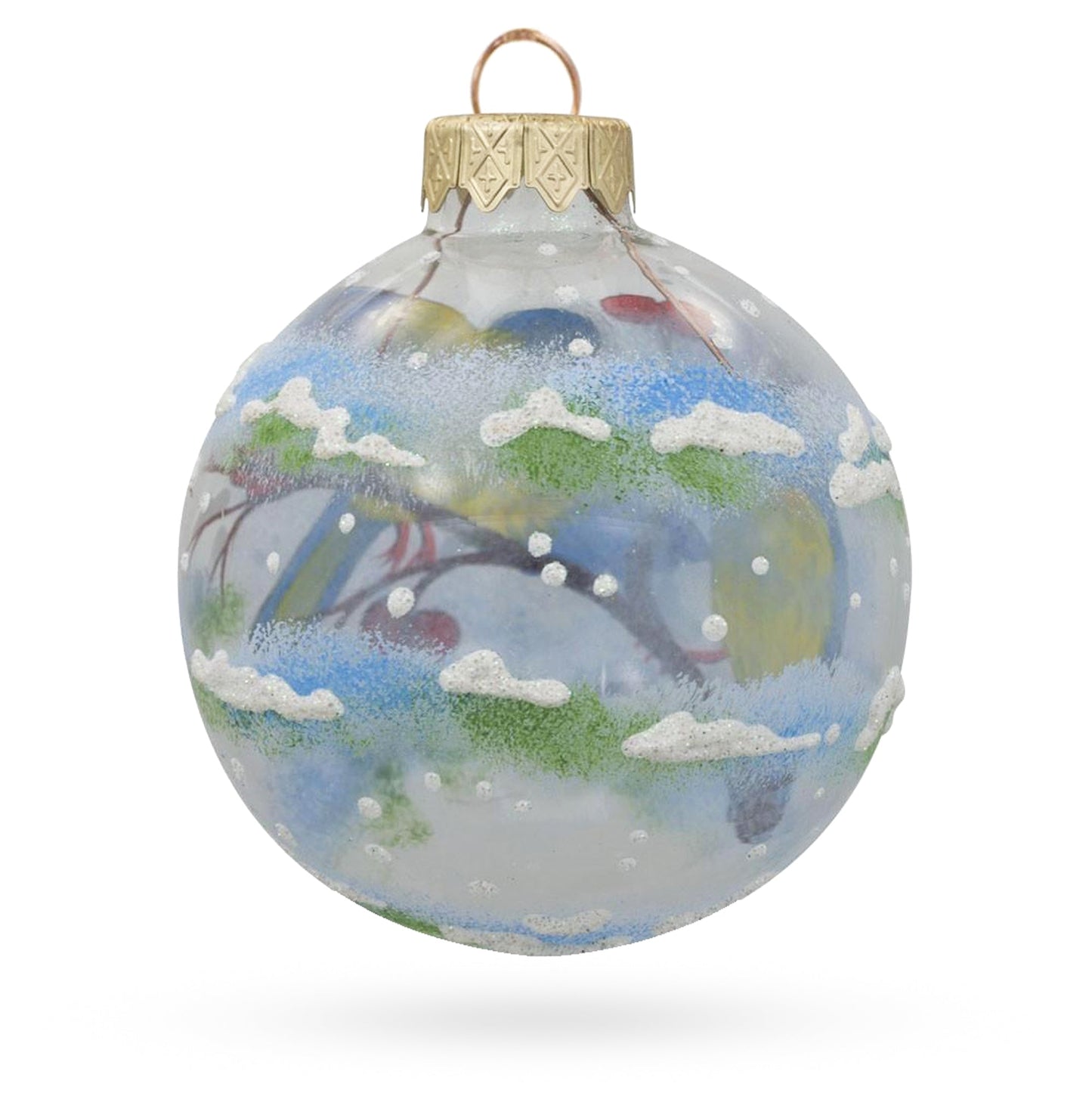 Blue and Yellow Birds on Branch Blown Glass Ball Christmas Ornament 3.25 Inches