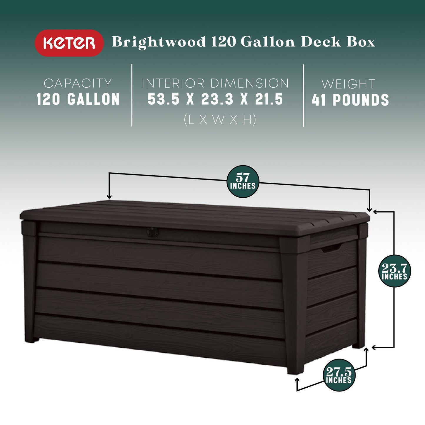 Keter Brightwood 120gal Weatherproof Resin Patio Deck Storage Box Bench, Brown