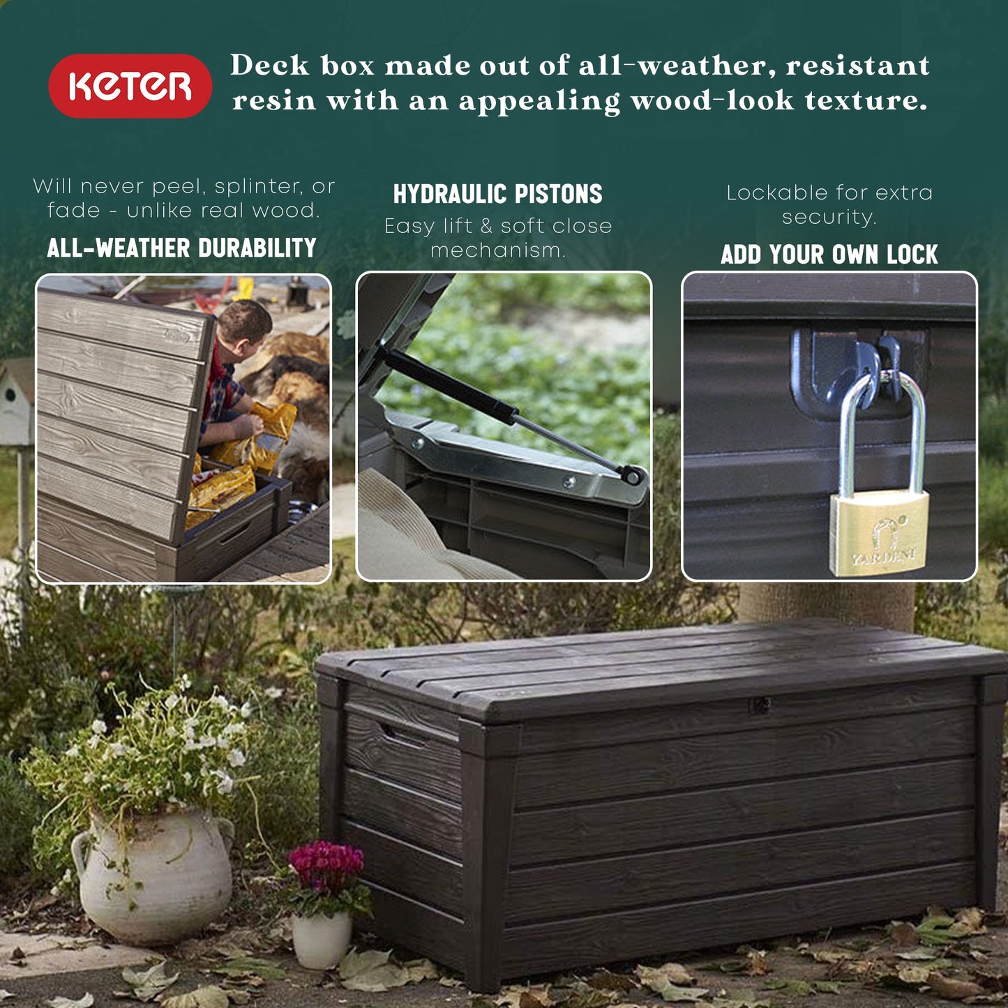 Keter Brightwood 120gal Weatherproof Resin Patio Deck Storage Box Bench, Brown