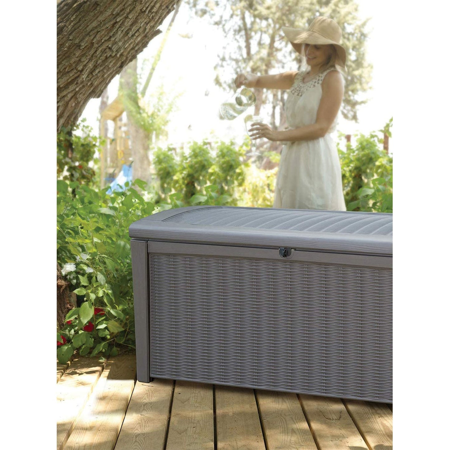 Keter Borneo 110 Gallon Rattan Wicker Resin Patio Deck Storage Box Bench, Grey