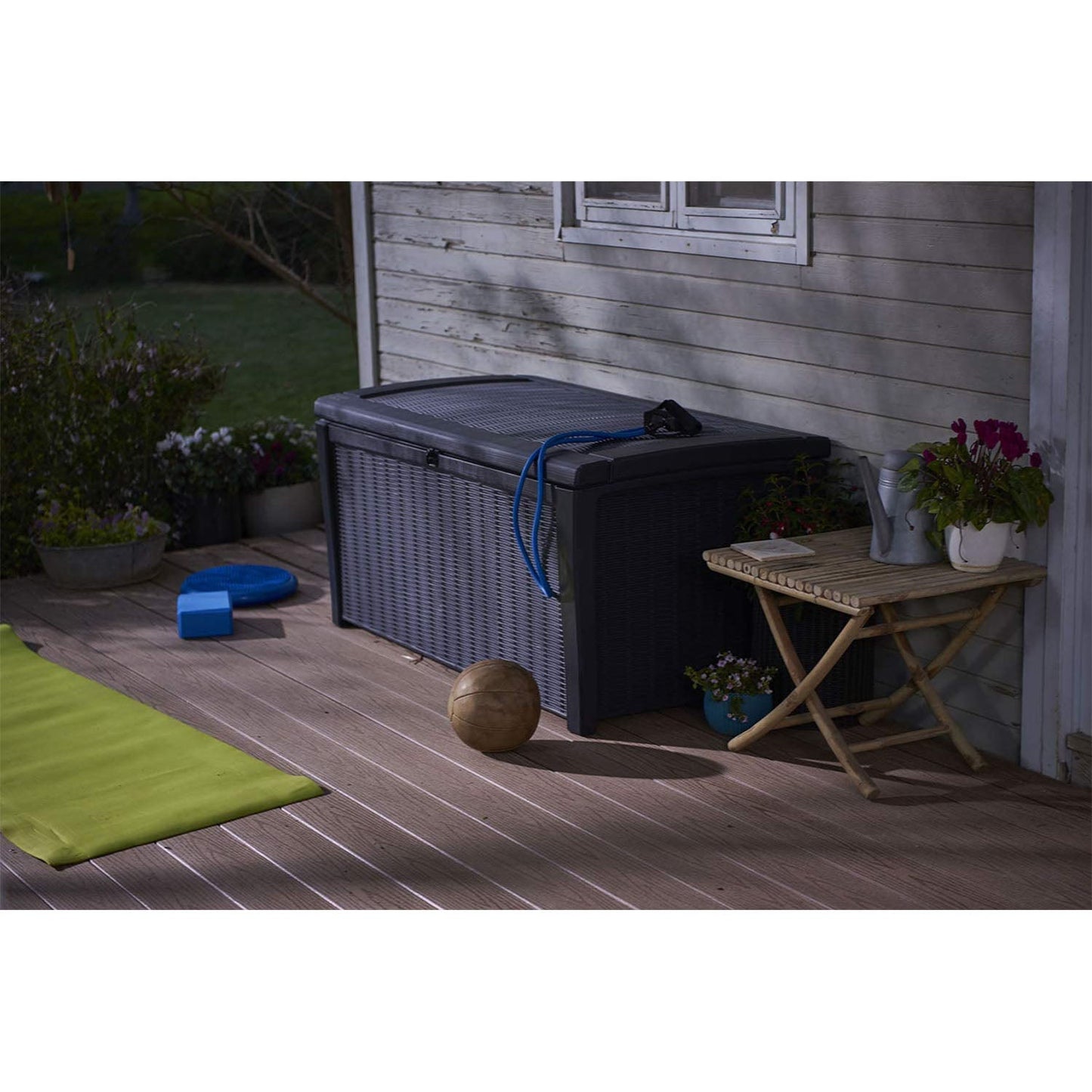 Keter Borneo 110 Gallon Rattan Wicker Resin Patio Deck Storage Box Bench, Grey