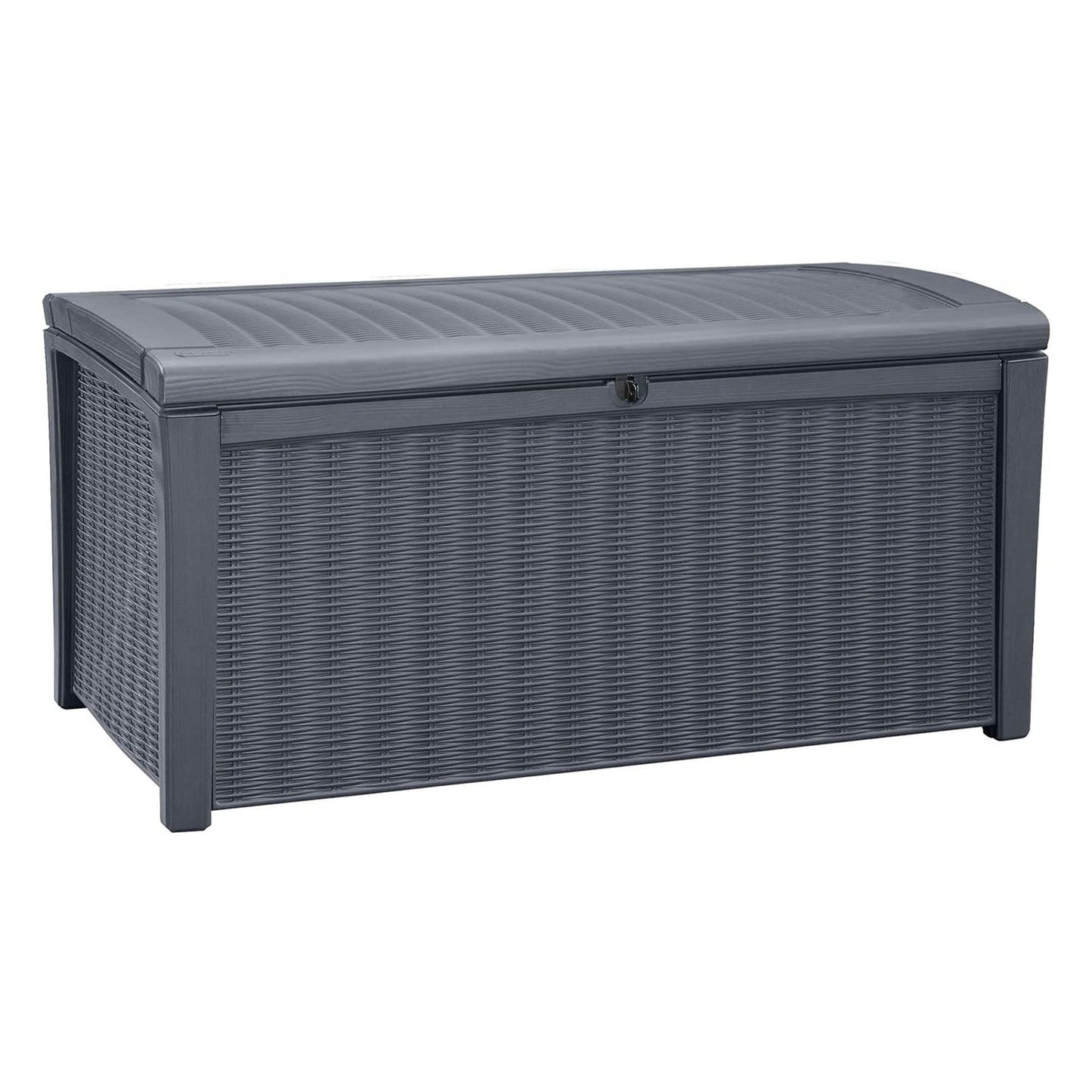 Keter Borneo 110 Gallon Rattan Wicker Resin Patio Deck Storage Box Bench, Grey