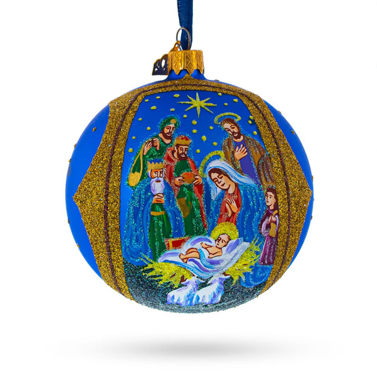 Sacred Nativity Gathering Blown Glass Ball Christmas Ornament 4 Inches