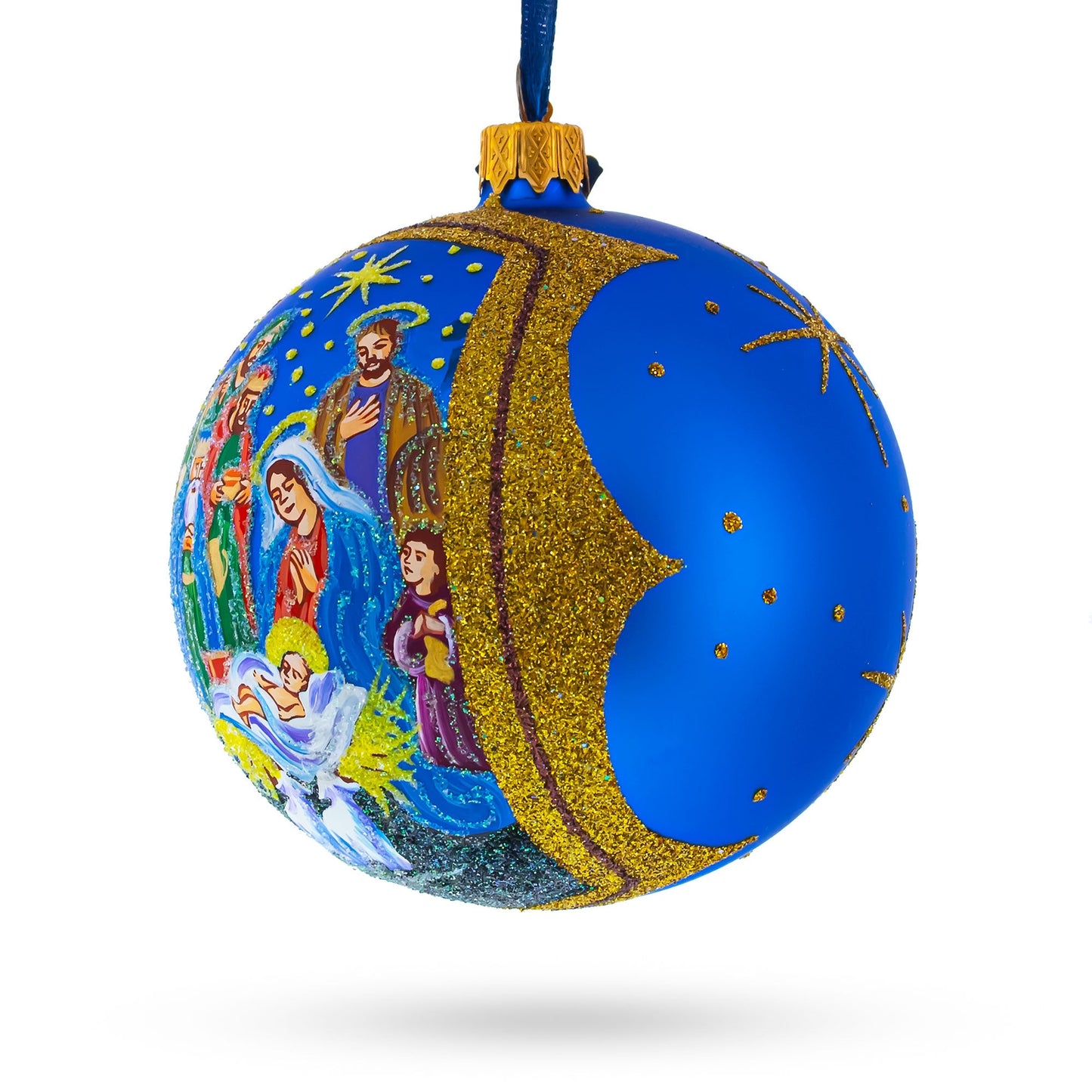 Sacred Nativity Gathering Blown Glass Ball Christmas Ornament 4 Inches