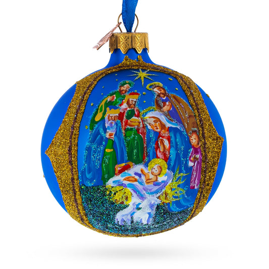 Sacred Nativity Gathering Blown Glass Ball Christmas Ornament 3.25 Inches