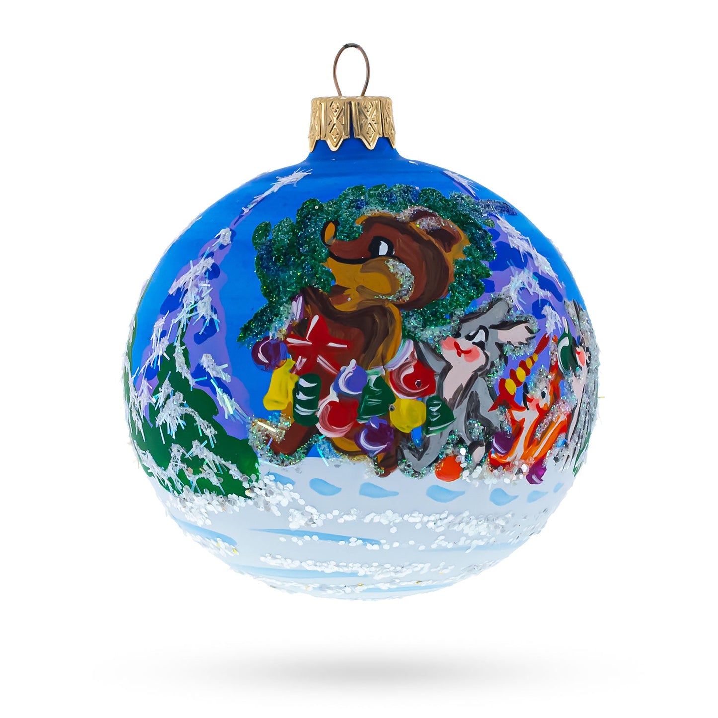 Bear with Bunny and Squirrel by Christmas Tree Blown Glass Ball Ornament 3.25 Inches