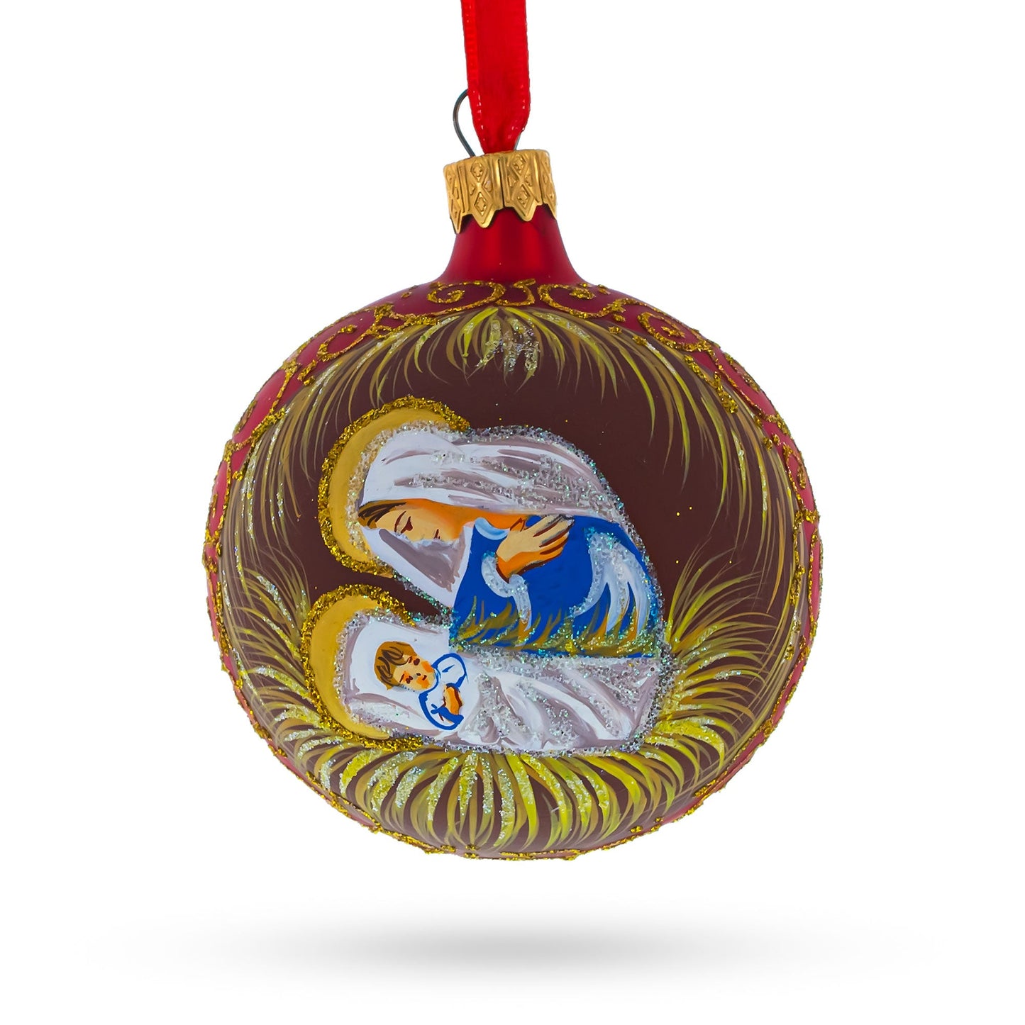 Sacred Mary Overlooking Jesus Nativity Blown Glass Ball Christmas Ornament 3.25 Inches