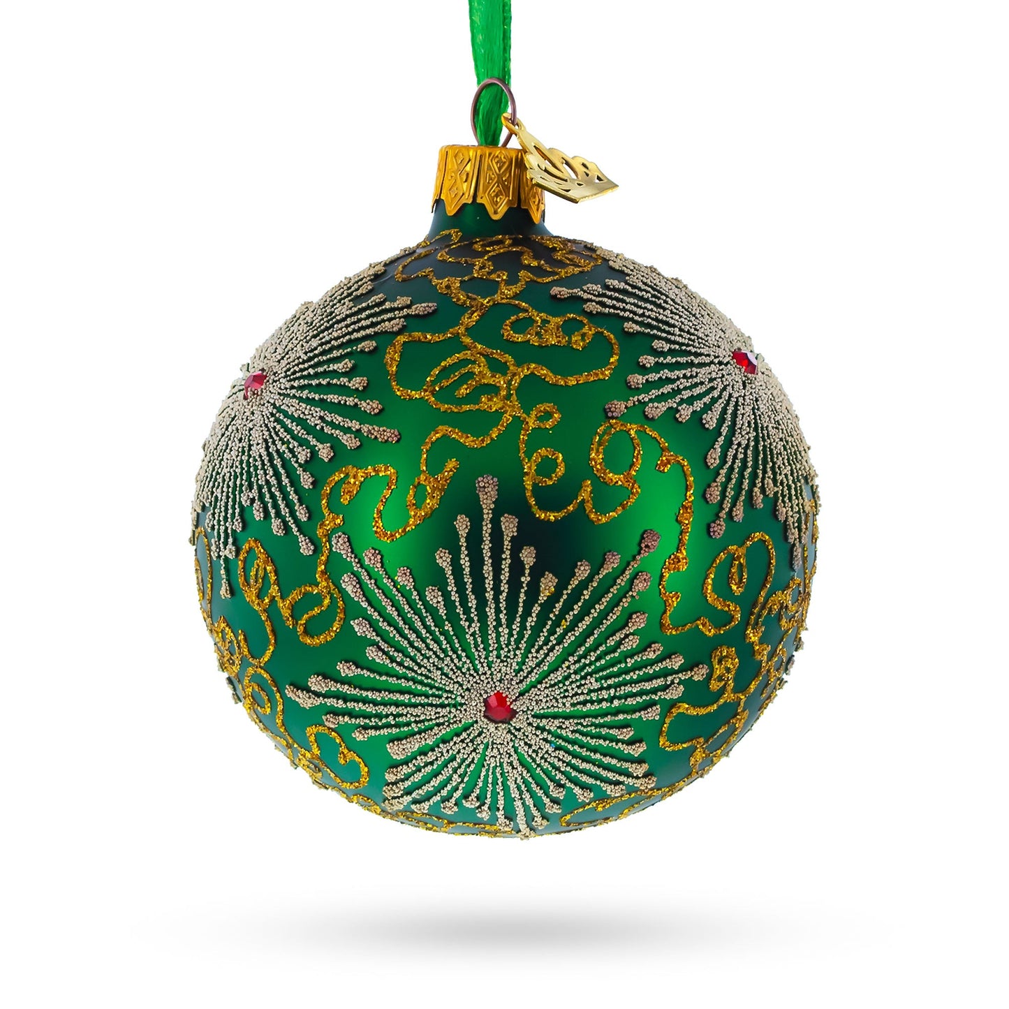 Dazzling Jeweled Snowflakes on Green Blown Glass Ball Christmas Ornament 3.25 Inches