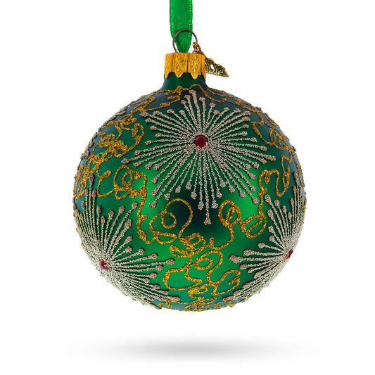 Dazzling Jeweled Snowflakes on Green Blown Glass Ball Christmas Ornament 3.25 Inches