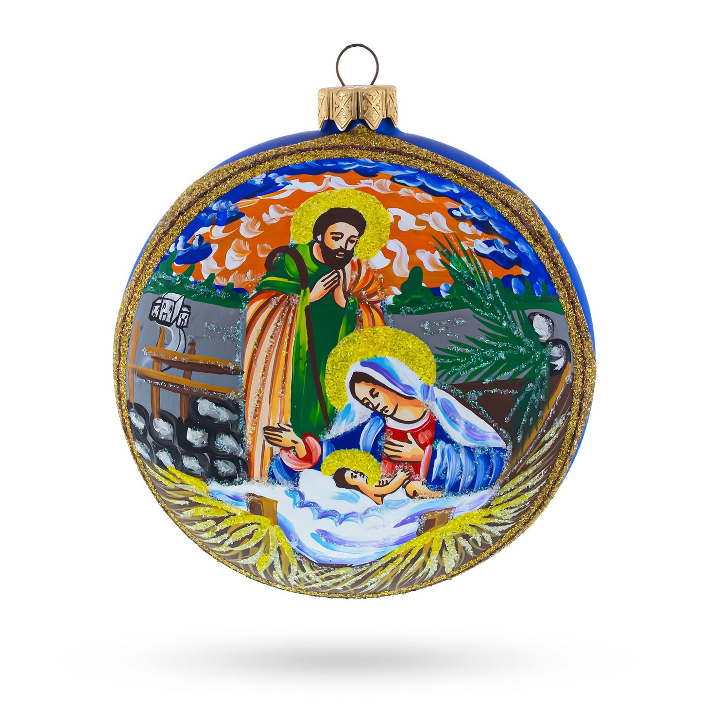 Ethereal Sunset Nativity Scene Blown Glass Ball Christmas Ornament 4 Inches