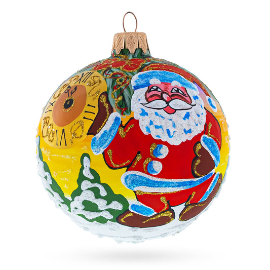 Santa Awaits New Year Holiday Blown Glass Ball Christmas Ornament 3.25 Inches