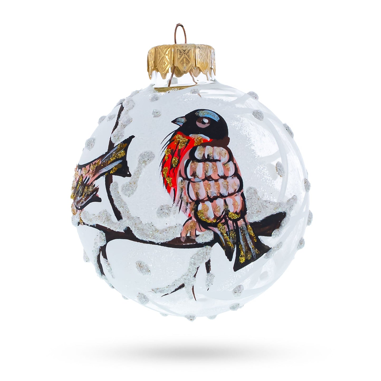 Birds on a Snowy Branch Blown Glass Ball Christmas Ornament 3.25 Inches