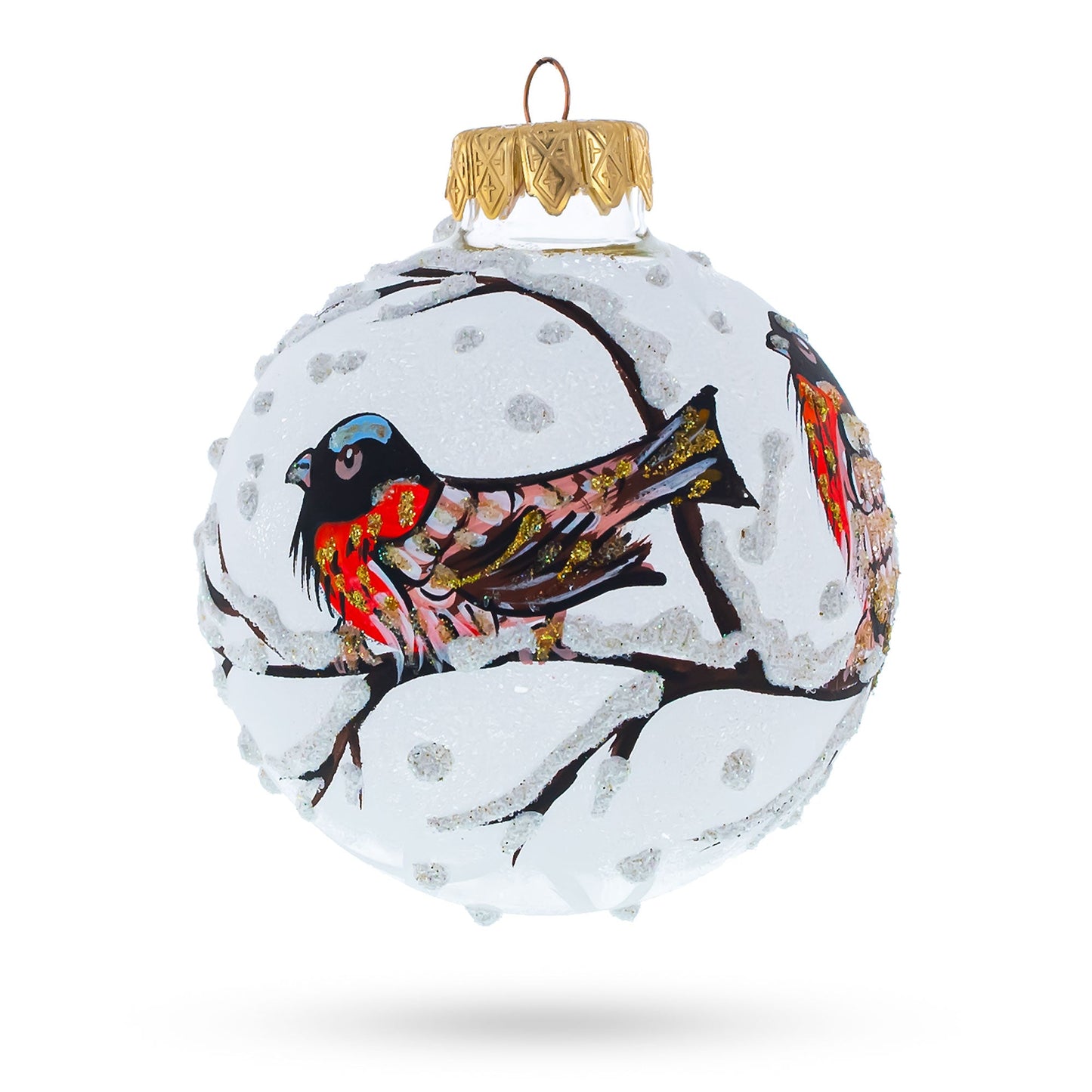 Birds on a Snowy Branch Blown Glass Ball Christmas Ornament 3.25 Inches