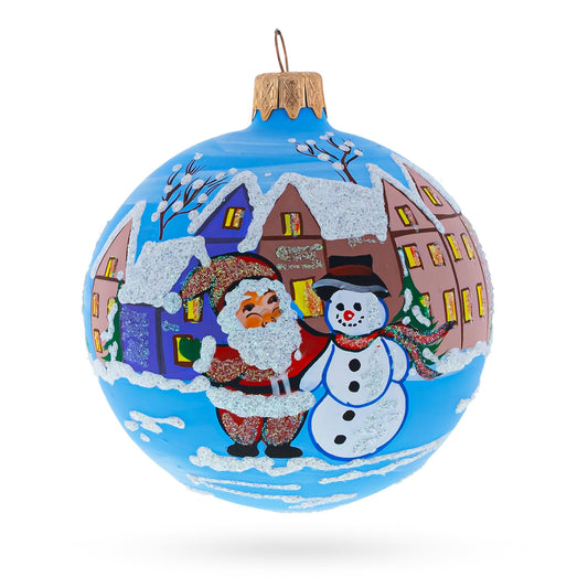 Santa & Snowman Winter Village Scene Blown Glass Ball Christmas Ornament 3.25 Inches