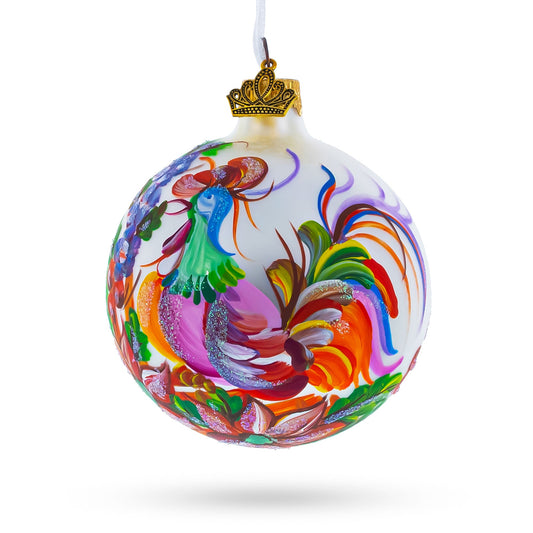 Vibrant Rooster with Flowers Blown Glass Ball Christmas Ornament 3.25 Inches