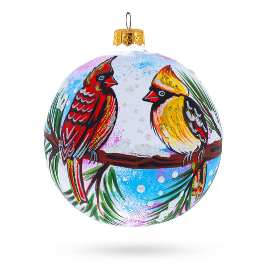 Two Cardinals in Snowy Scenery Blown Glass Ball Christmas Ornament 4 Inches