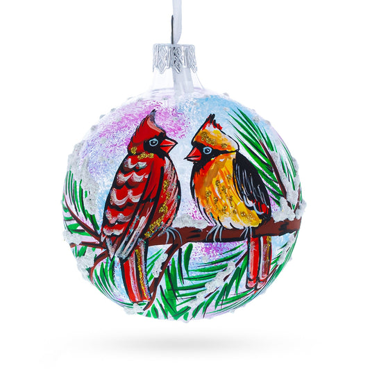 Two Cardinals in Snowy Scenery Blown Glass Ball Christmas Ornament 3.25 Inches