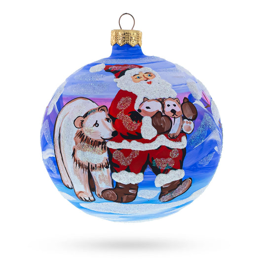 Santa and Polar Bear Festive Blown Glass Ball Christmas Ornament 4 Inches