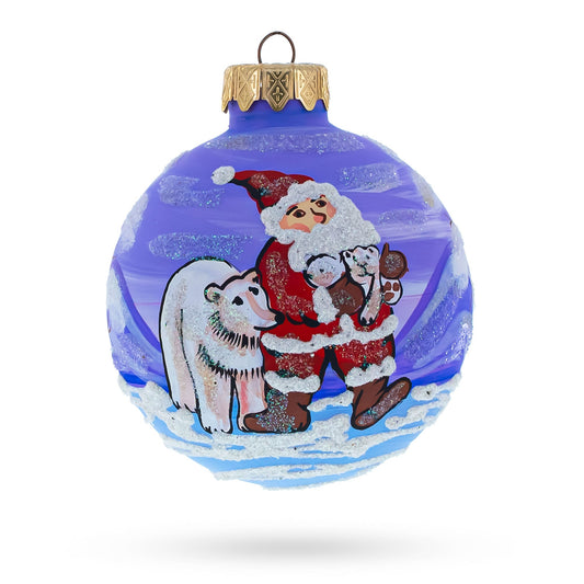 Santa and Polar Bear Festive Blown Glass Ball Christmas Ornament 3.25 Inches