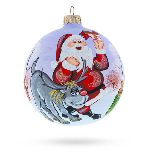 Santa and Reindeer Blown Glass Ball Christmas Ornament 4 Inches