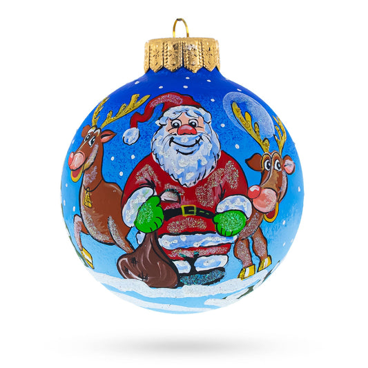 Santa and Reindeer Festive Blown Glass Ball Christmas Ornament 4 Inches