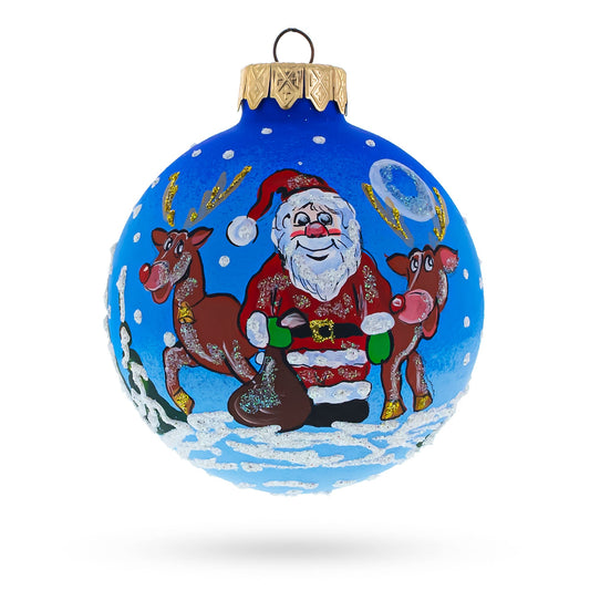 Santa and Reindeer Festive Blown Glass Ball Christmas Ornament 3.25 Inches