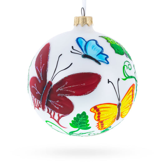 Delicate Butterflies on Blown Glass Ball Christmas Ornament 4 Inches